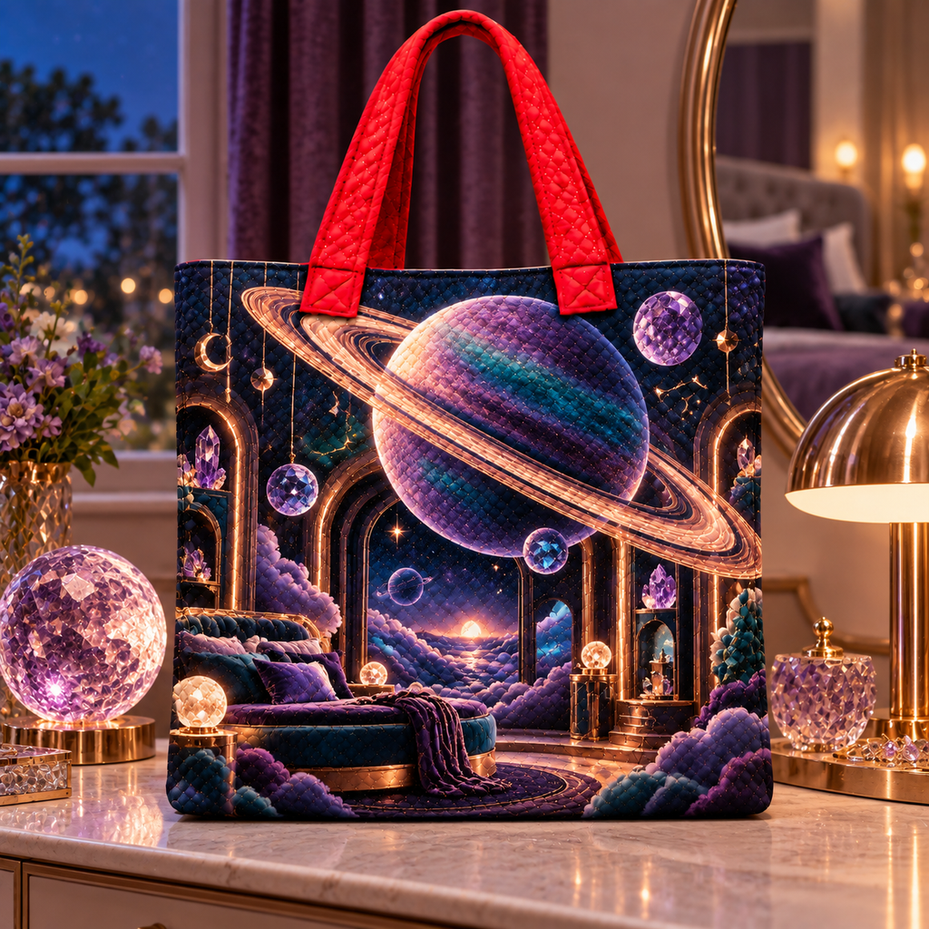 Ringed Planet Bedroom Quilted Tote Bag with printed optical 3D artwork in its use setting