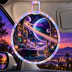 Ringed Planet Bedroom Holographic Car Visor Clip with printed optical 3D artwork in its use setting