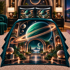 Ringed Planet Living Room Quilted Bedding Set with printed optical 3D artwork in its use setting