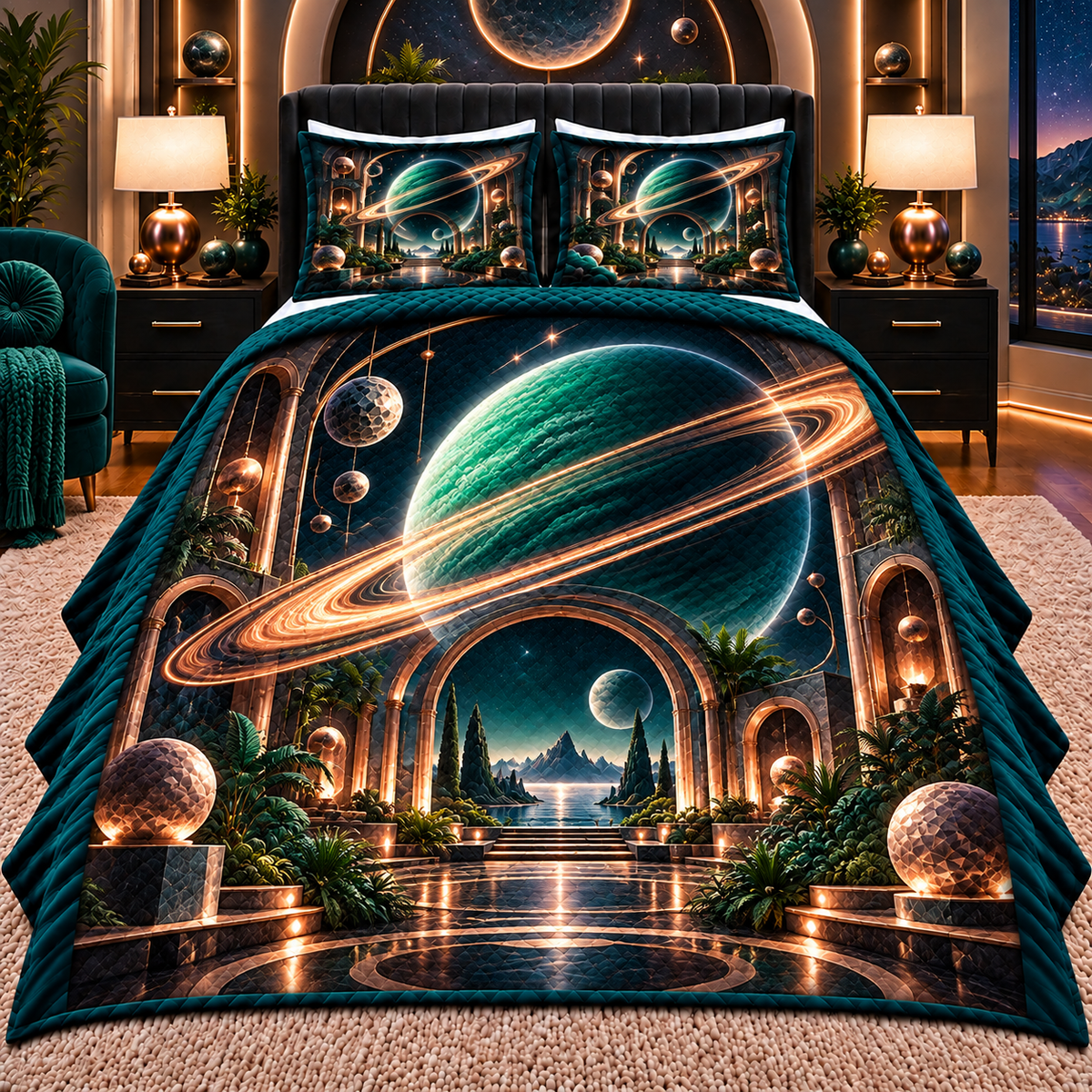 Ringed Planet Living Room Quilted Bedding Set with printed optical 3D artwork in its use setting