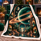 Ringed Planet Living Room Sherpa & Fleece Blanket with printed optical 3D artwork in its use setting