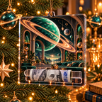 Ringed Planet Living Room Acrylic Cash Holder Ornament with printed optical 3D artwork in its use setting