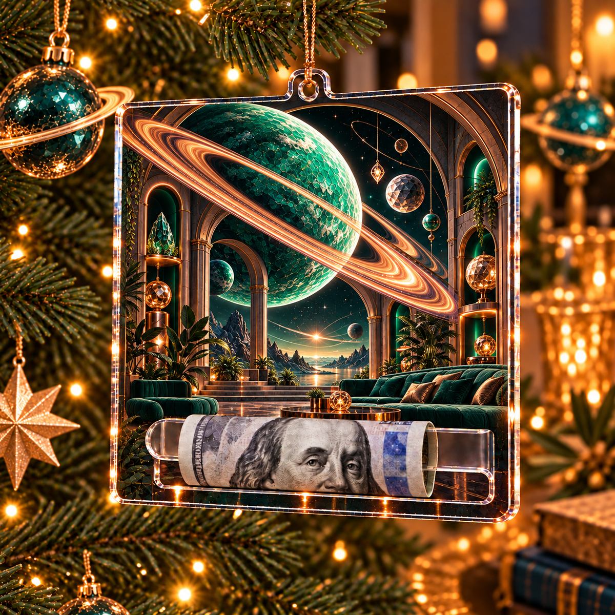Ringed Planet Living Room Acrylic Cash Holder Ornament with printed optical 3D artwork in its use setting