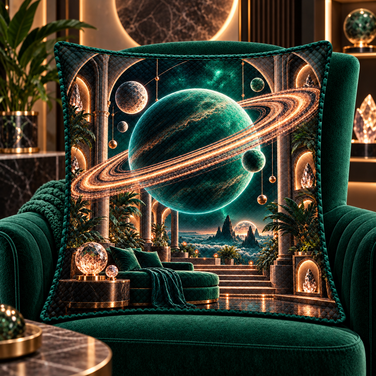 Ringed Planet Living Room Quilted Cushion Cover with printed optical 3D artwork in its use setting