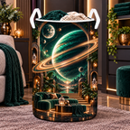 Ringed Planet Living Room Laundry Hamper with printed optical 3D artwork in its use setting