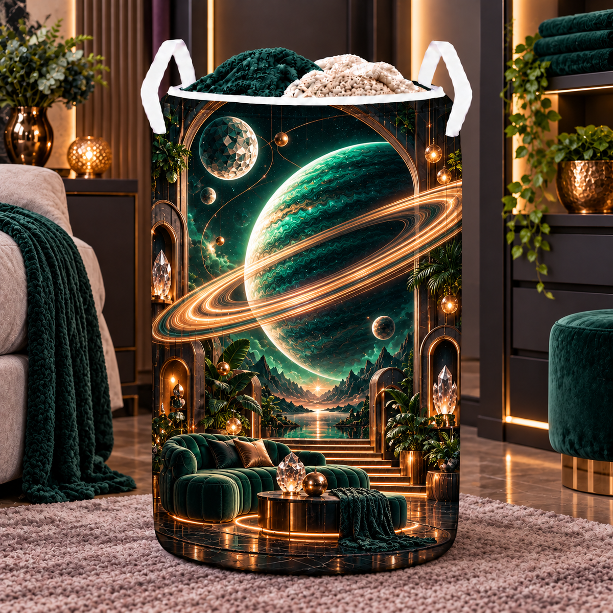 Ringed Planet Living Room Laundry Hamper with printed optical 3D artwork in its use setting