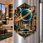 Ringed Planet Living Room Acrylic Refrigerator Magnet with printed optical 3D artwork in its use setting
