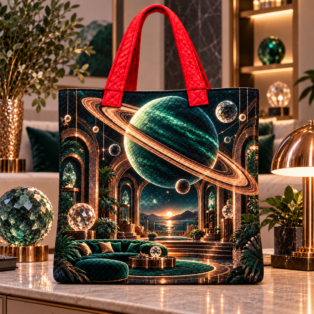 Ringed Planet Living Room Quilted Tote Bag with printed optical 3D artwork in its use setting