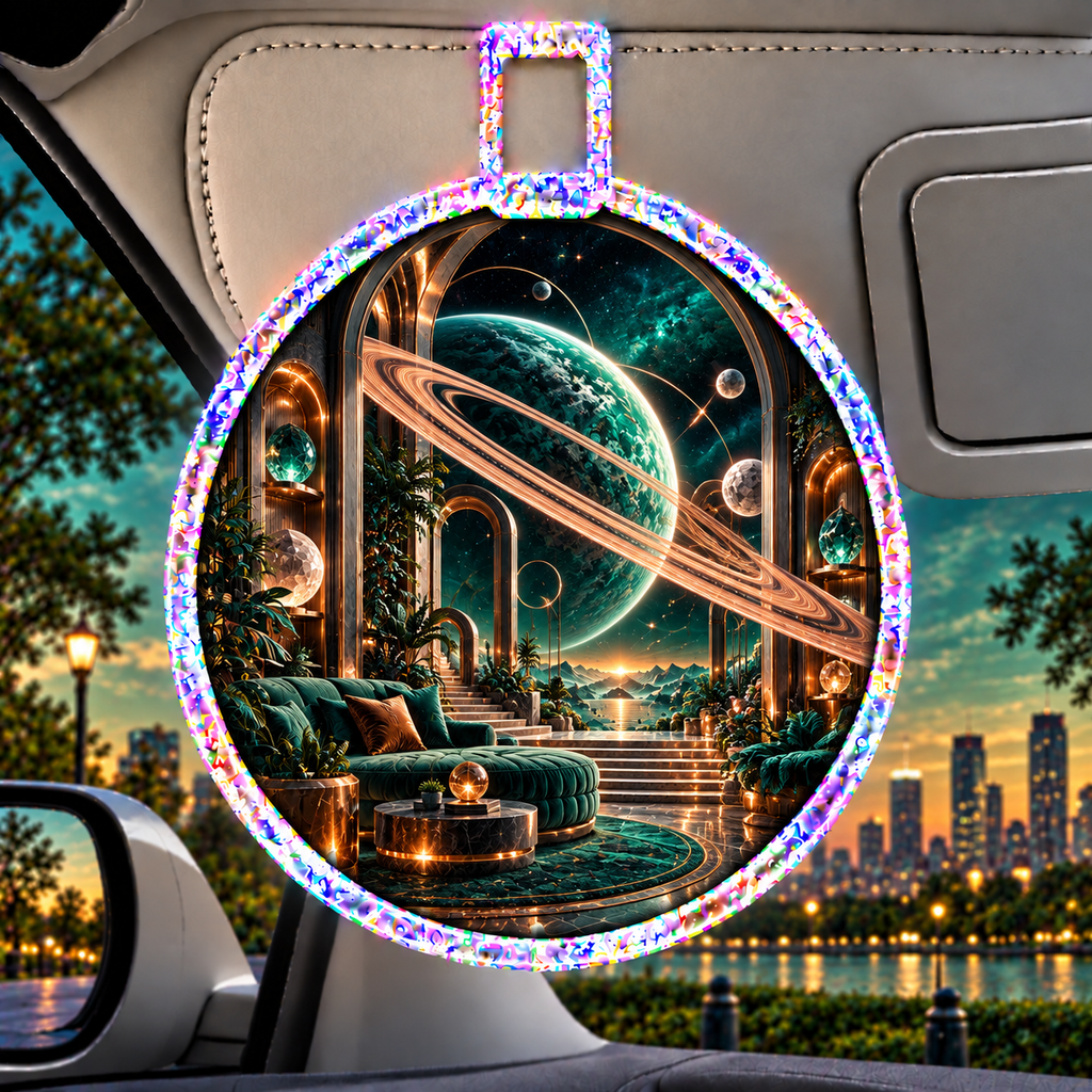 Ringed Planet Living Room Holographic Car Visor Clip with printed optical 3D artwork in its use setting