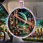 Ringed Planet Living Room Holographic Car Visor Clip with printed optical 3D artwork in its use setting