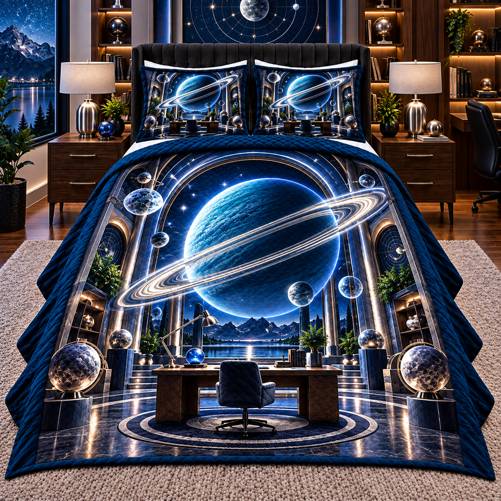 Ringed Planet Home Office Quilted Bedding Set with printed optical 3D artwork in its use setting