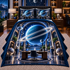 Ringed Planet Home Office Quilted Bedding Set with printed optical 3D artwork in its use setting