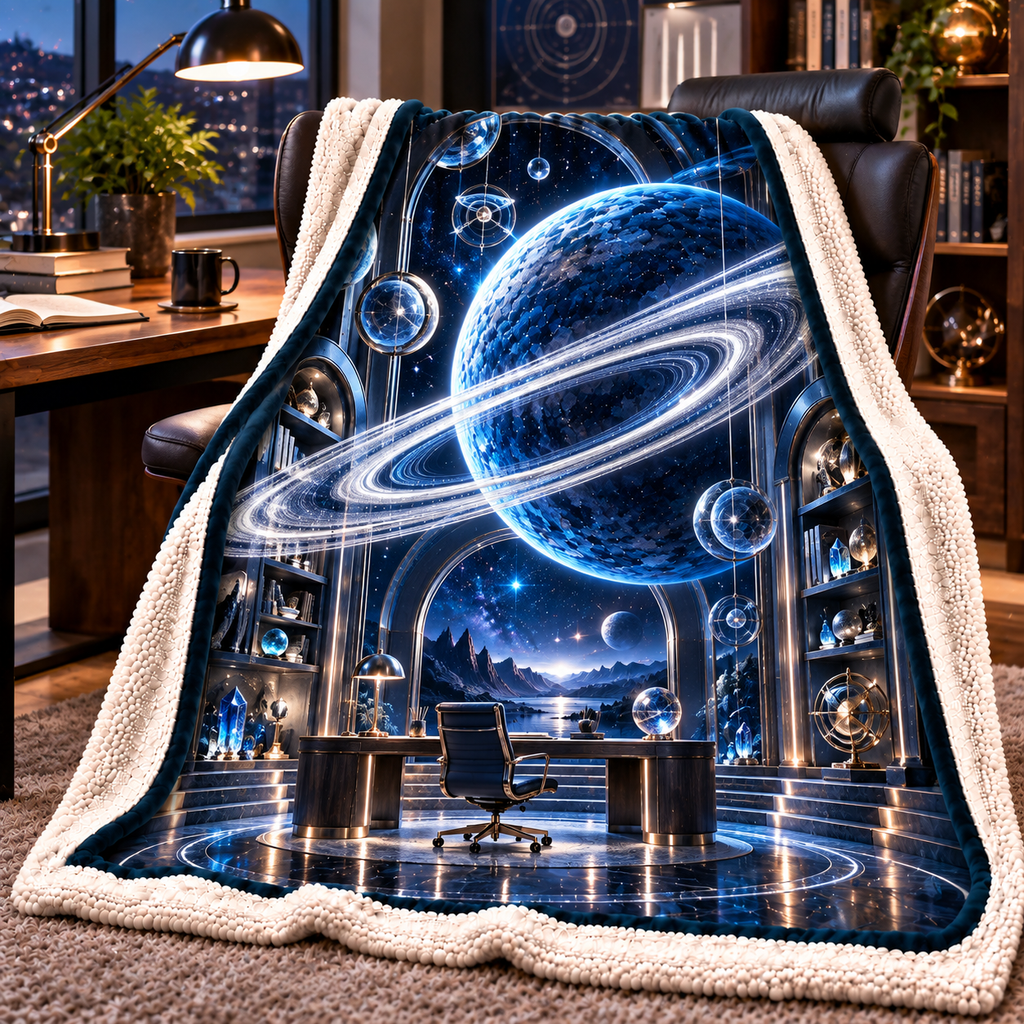 Ringed Planet Home Office Sherpa & Fleece Blanket with printed optical 3D artwork in its use setting