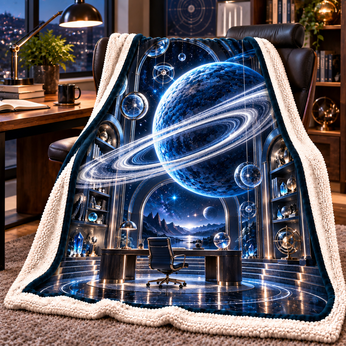 Ringed Planet Home Office Sherpa & Fleece Blanket with printed optical 3D artwork in its use setting