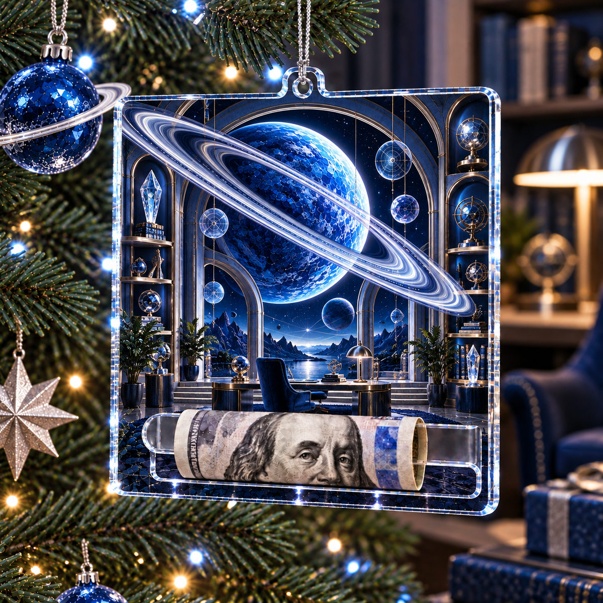 Ringed Planet Home Office Acrylic Cash Holder Ornament with printed optical 3D artwork in its use setting