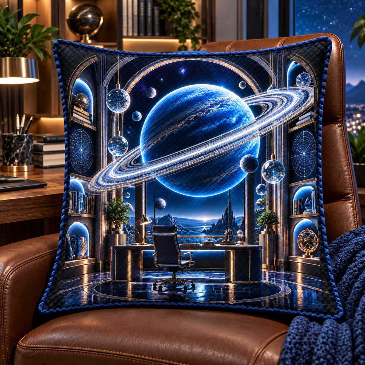 Ringed Planet Home Office Quilted Cushion Cover with printed optical 3D artwork in its use setting