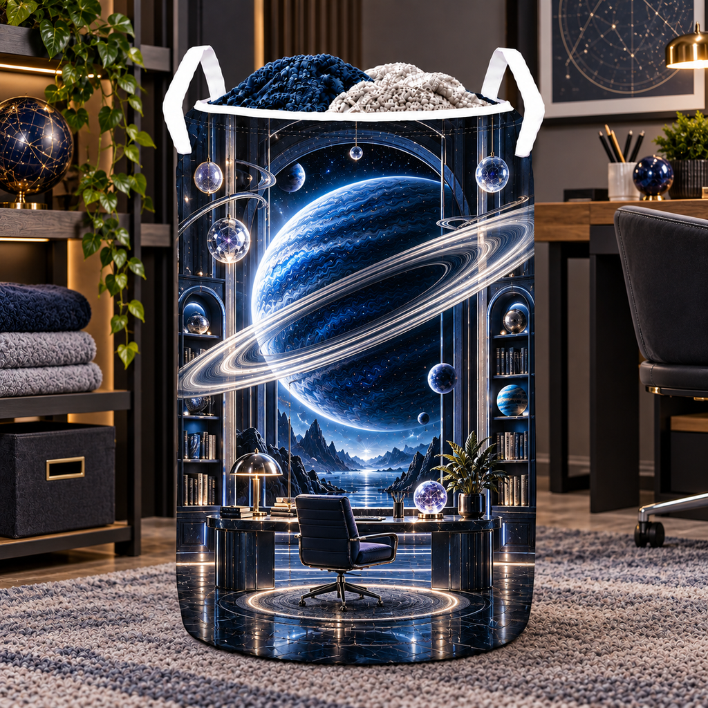 Ringed Planet Home Office Laundry Hamper with printed optical 3D artwork in its use setting