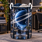 Ringed Planet Home Office Laundry Hamper with printed optical 3D artwork in its use setting