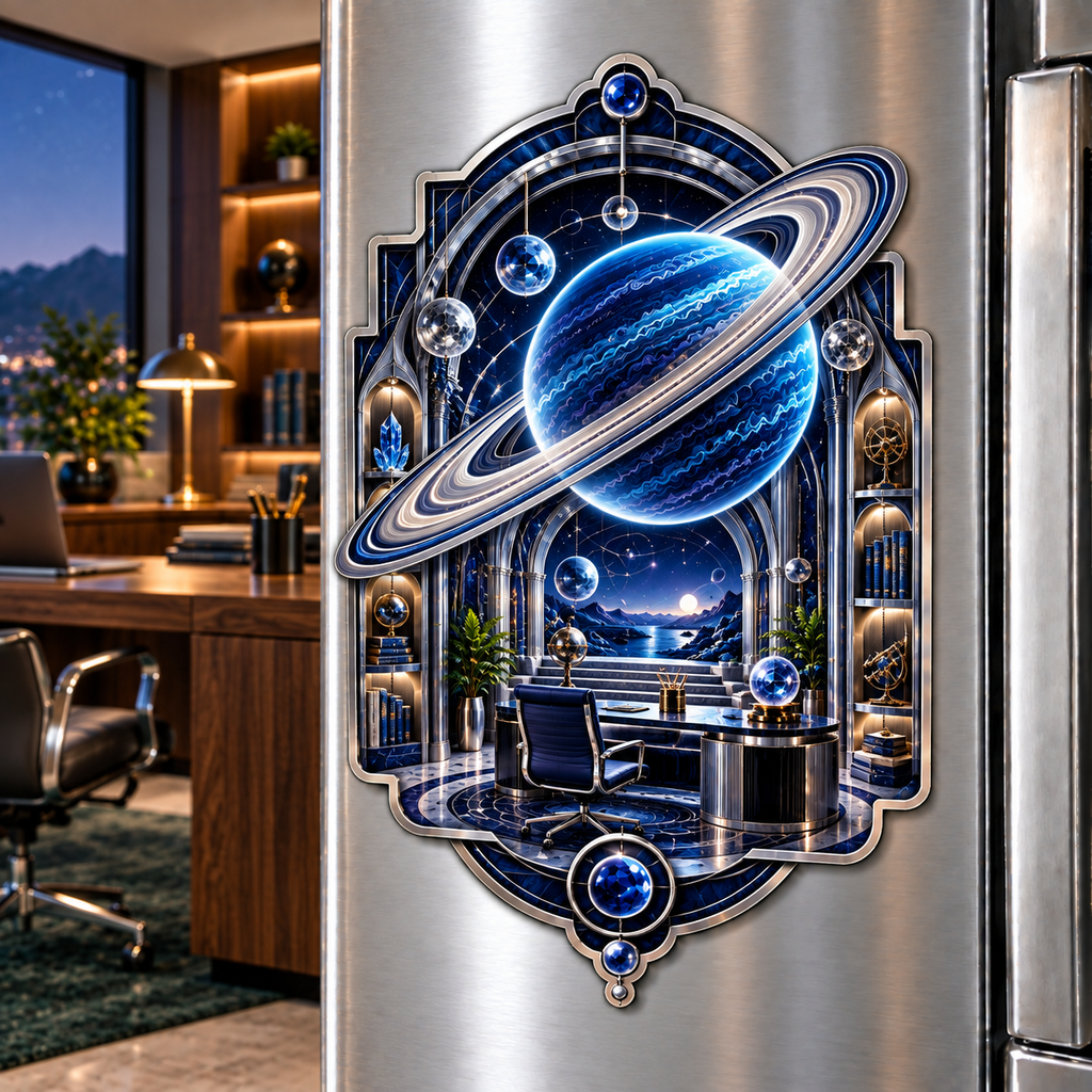 Ringed Planet Home Office Acrylic Refrigerator Magnet with printed optical 3D artwork in its use setting