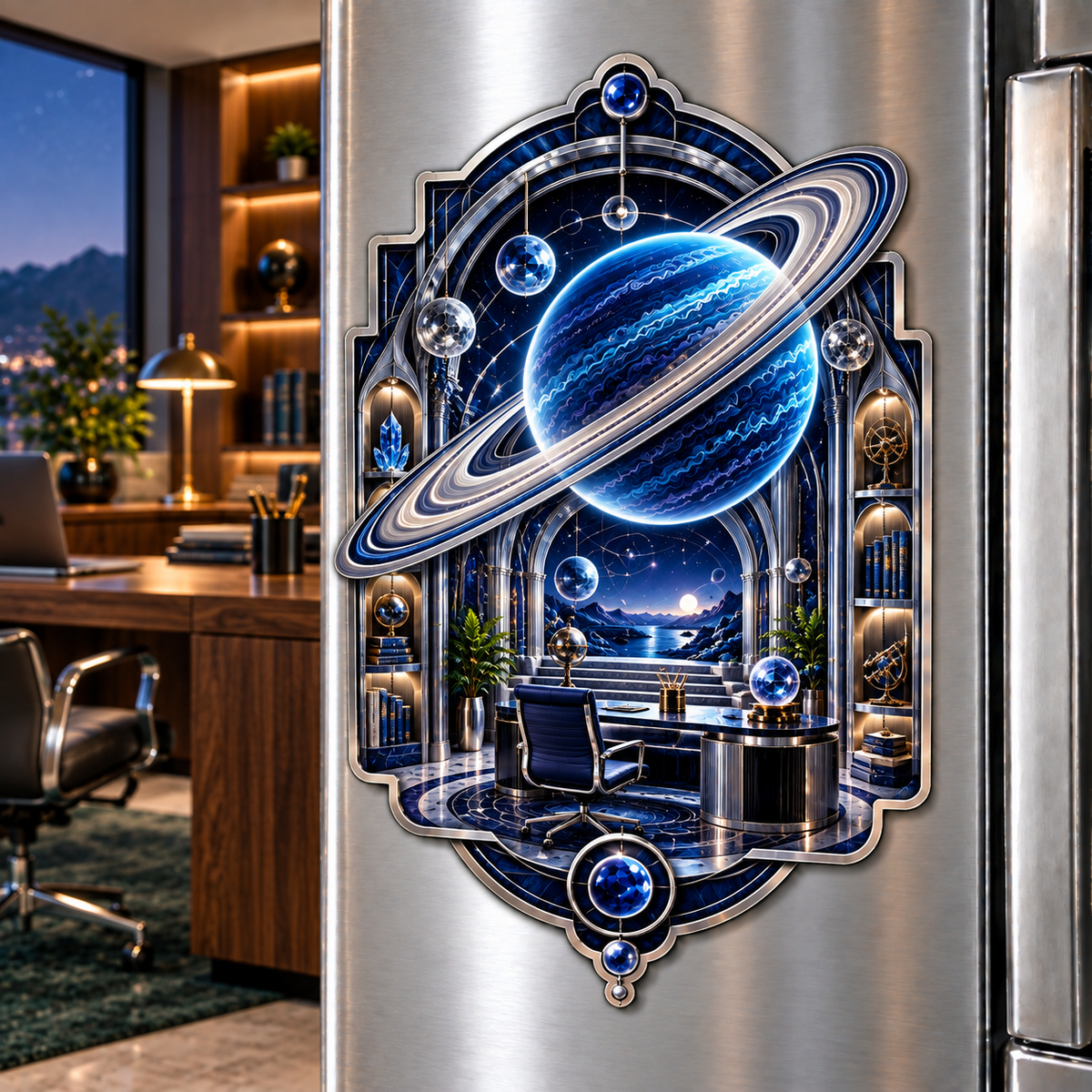 Ringed Planet Home Office Acrylic Refrigerator Magnet with printed optical 3D artwork in its use setting