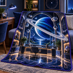 Ringed Planet Home Office Quilt Blanket with printed optical 3D artwork in its use setting