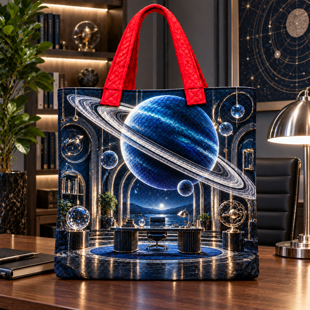 Ringed Planet Home Office Quilted Tote Bag with printed optical 3D artwork in its use setting