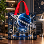 Ringed Planet Home Office Quilted Tote Bag with printed optical 3D artwork in its use setting