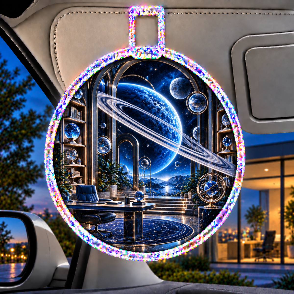 Ringed Planet Home Office Holographic Car Visor Clip with printed optical 3D artwork in its use setting