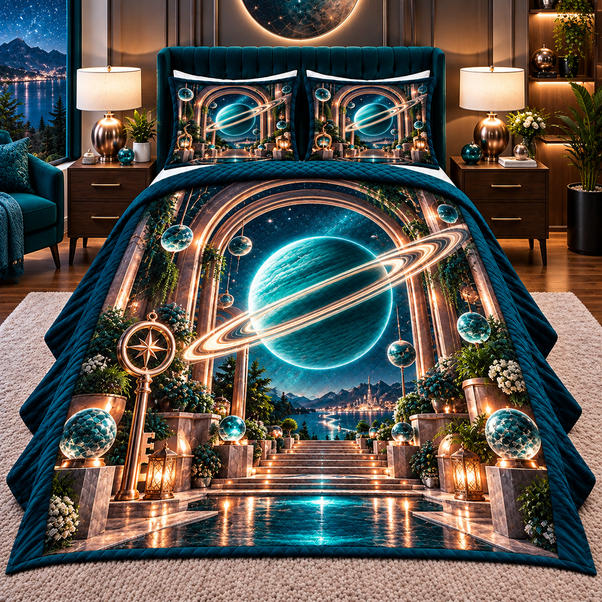 Ringed Planet New Home Quilted Bedding Set with printed optical 3D artwork in its use setting