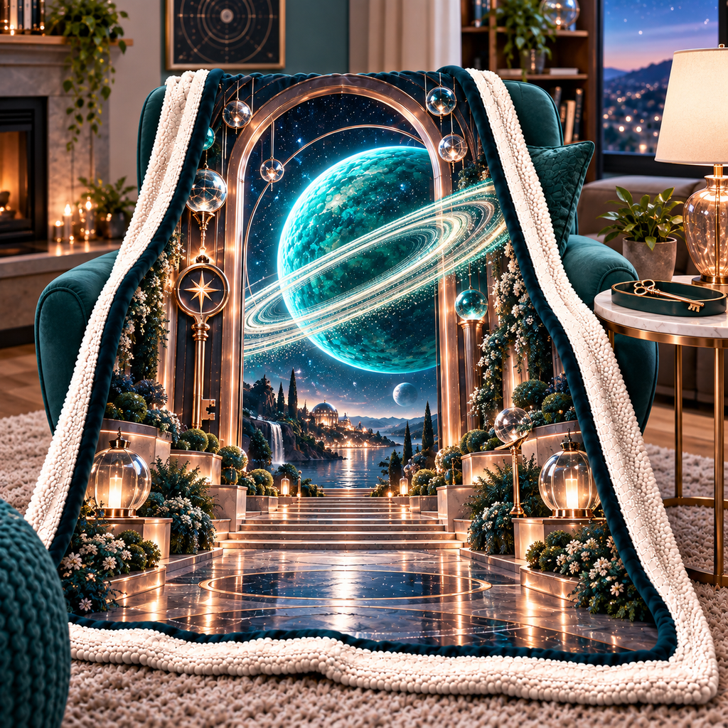 Ringed Planet New Home Sherpa & Fleece Blanket with printed optical 3D artwork in its use setting