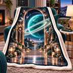 Ringed Planet New Home Sherpa & Fleece Blanket with printed optical 3D artwork in its use setting