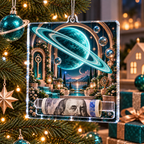 Ringed Planet New Home Acrylic Cash Holder Ornament with printed optical 3D artwork in its use setting