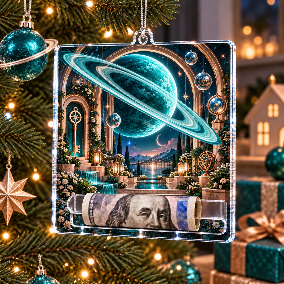 Ringed Planet New Home Acrylic Cash Holder Ornament with printed optical 3D artwork in its use setting