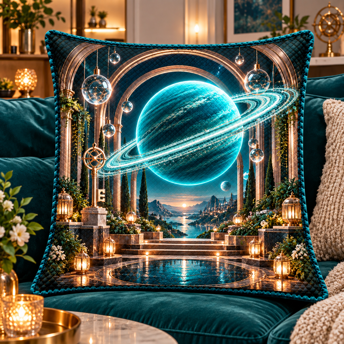 Ringed Planet New Home Quilted Cushion Cover with printed optical 3D artwork in its use setting