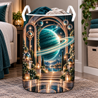 Ringed Planet New Home Laundry Hamper with printed optical 3D artwork in its use setting