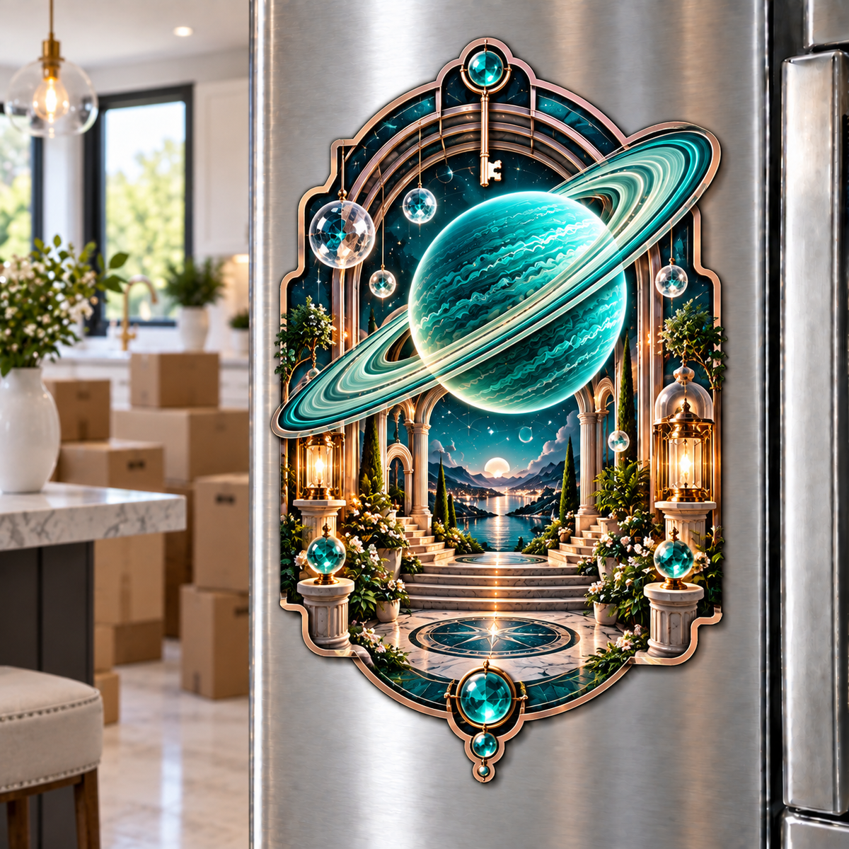 Ringed Planet New Home Acrylic Refrigerator Magnet with printed optical 3D artwork in its use setting