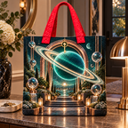 Ringed Planet New Home Quilted Tote Bag with printed optical 3D artwork in its use setting