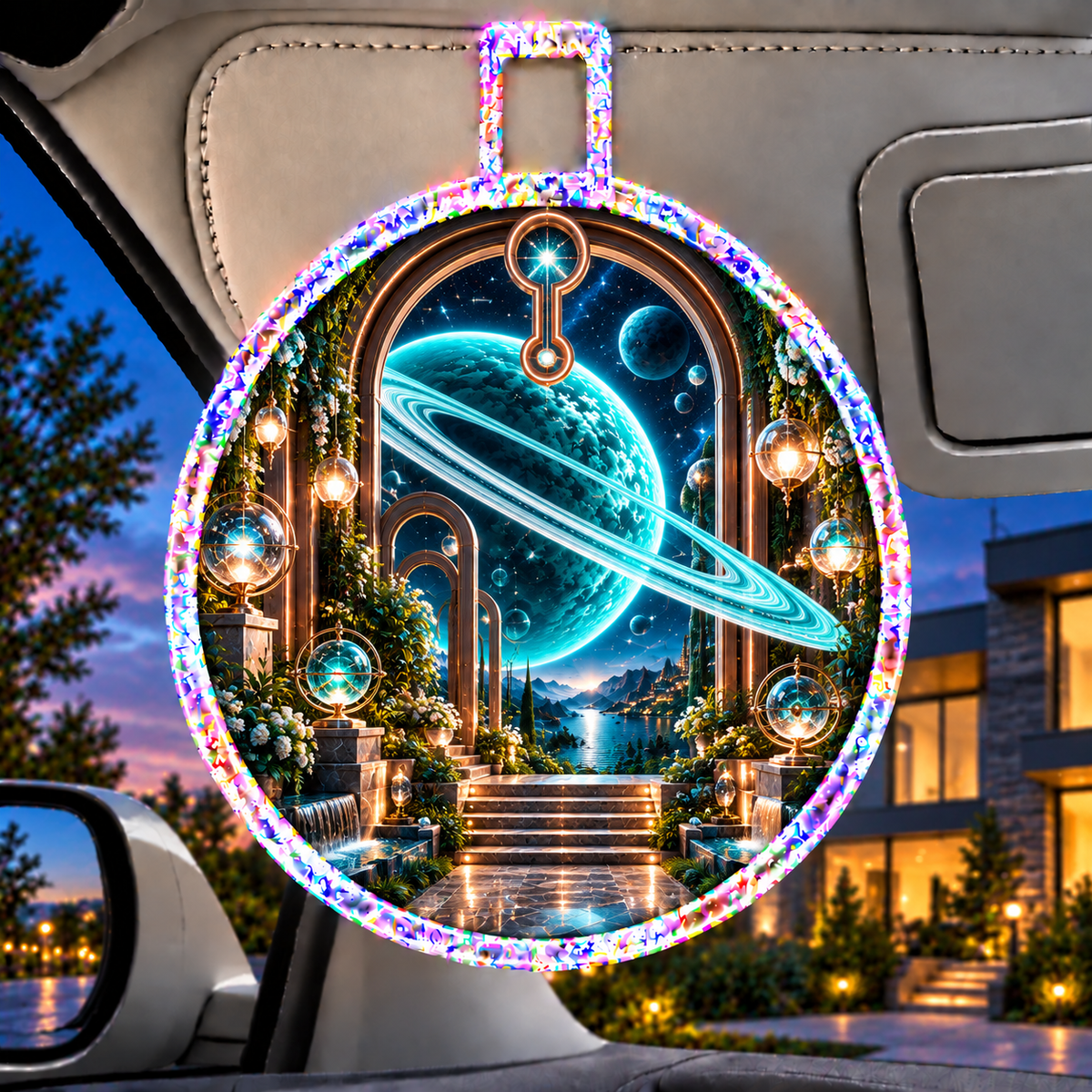 Ringed Planet New Home Holographic Car Visor Clip with printed optical 3D artwork in its use setting