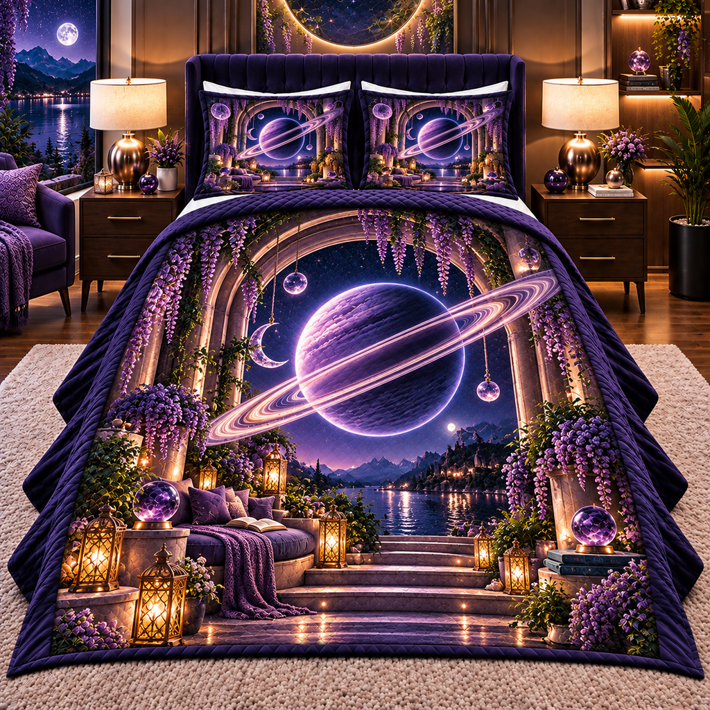 Ringed Planet Quiet Corner Quilted Bedding Set with printed optical 3D artwork in its use setting