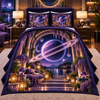 Ringed Planet Quiet Corner Quilted Bedding Set with printed optical 3D artwork in its use setting