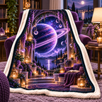 Ringed Planet Quiet Corner Sherpa & Fleece Blanket with printed optical 3D artwork in its use setting