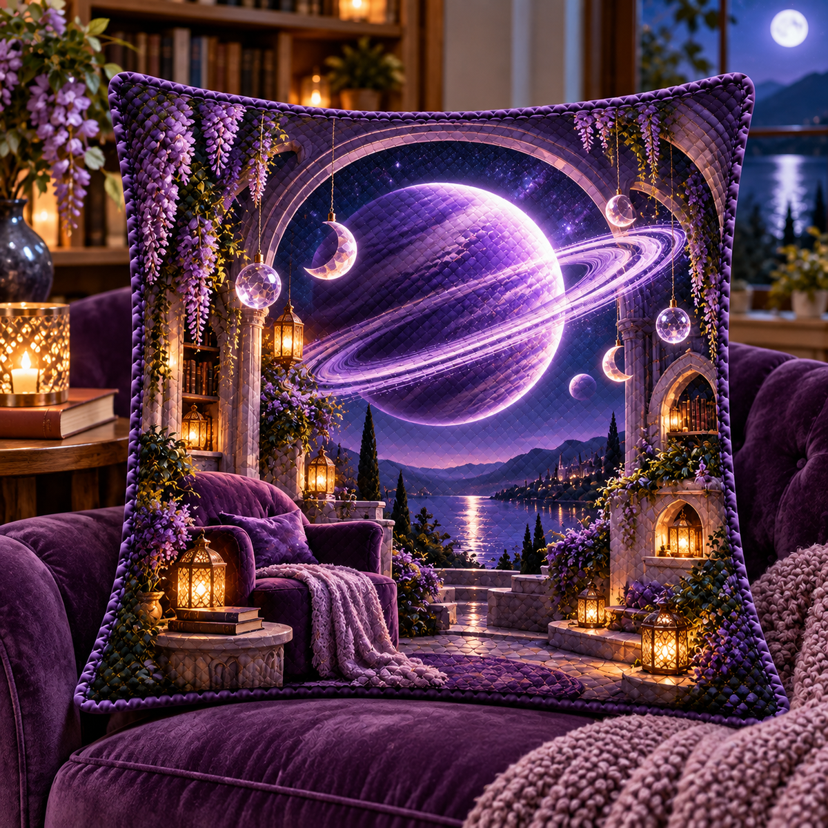 Ringed Planet Quiet Corner Quilted Cushion Cover with printed optical 3D artwork in its use setting