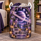 Ringed Planet Quiet Corner Laundry Hamper with printed optical 3D artwork in its use setting