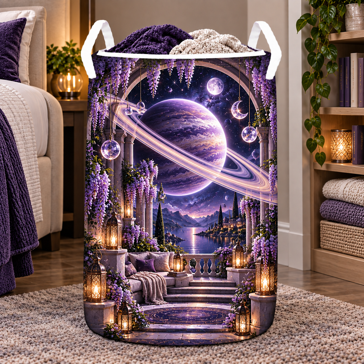 Ringed Planet Quiet Corner Laundry Hamper with printed optical 3D artwork in its use setting