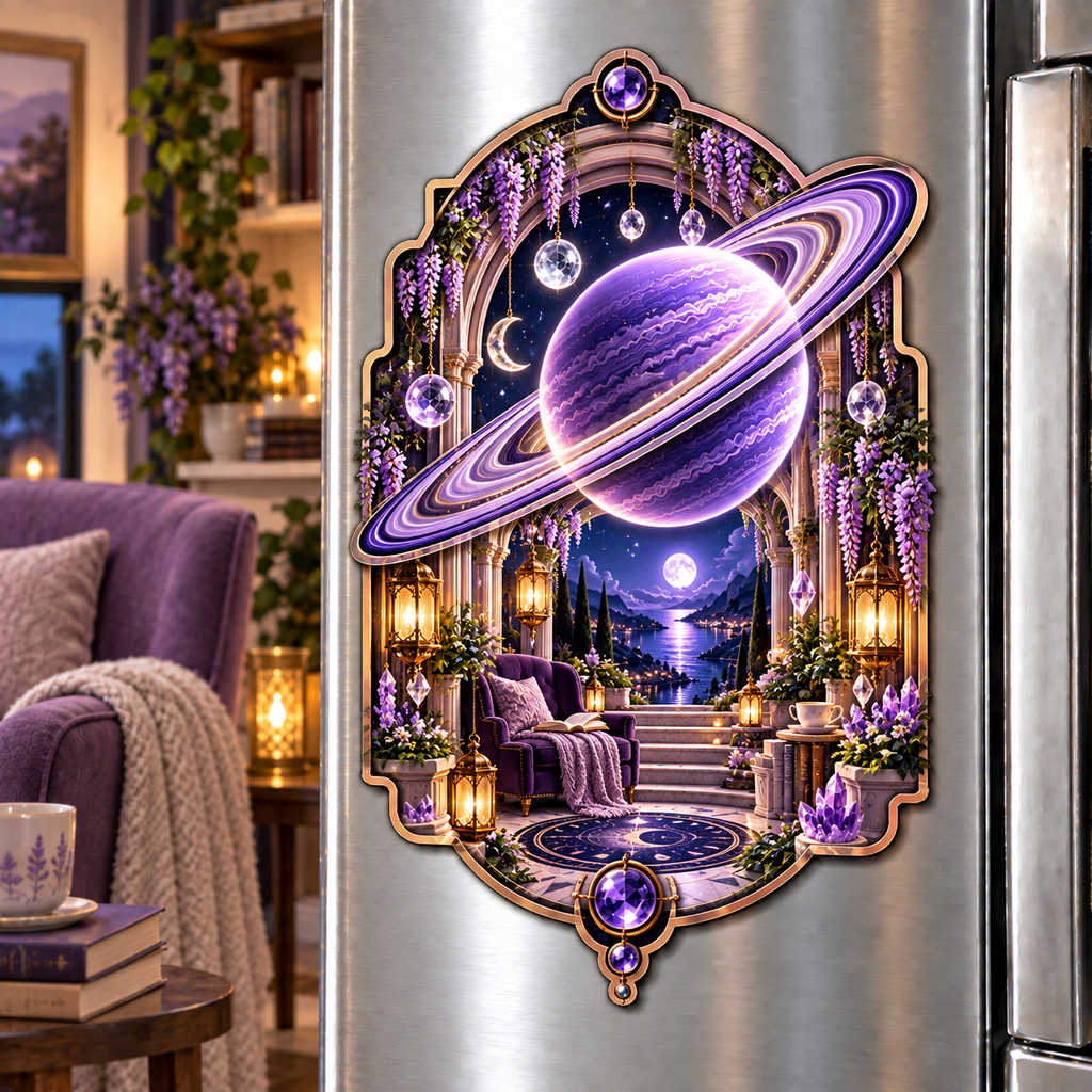 Ringed Planet Quiet Corner Acrylic Refrigerator Magnet with printed optical 3D artwork in its use setting