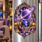 Ringed Planet Quiet Corner Acrylic Refrigerator Magnet with printed optical 3D artwork in its use setting