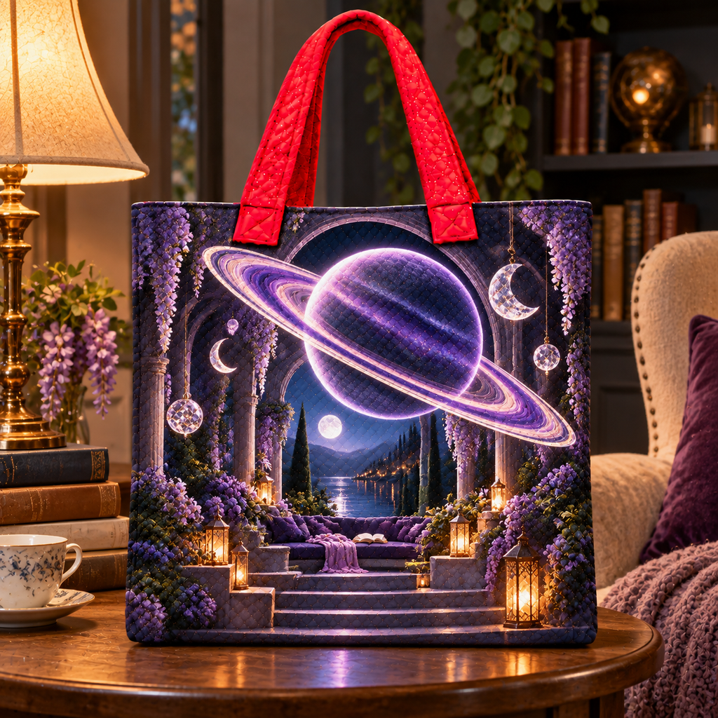 Ringed Planet Quiet Corner Quilted Tote Bag with printed optical 3D artwork in its use setting