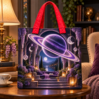 Ringed Planet Quiet Corner Quilted Tote Bag with printed optical 3D artwork in its use setting
