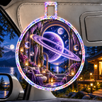 Ringed Planet Quiet Corner Holographic Car Visor Clip with printed optical 3D artwork in its use setting