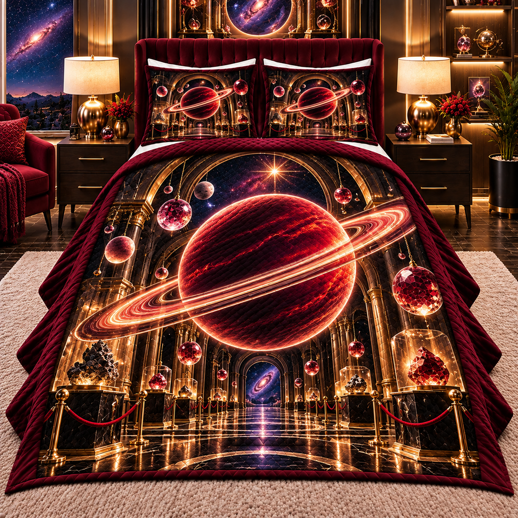 Ringed Planet Collector Quilted Bedding Set with printed optical 3D artwork in its use setting